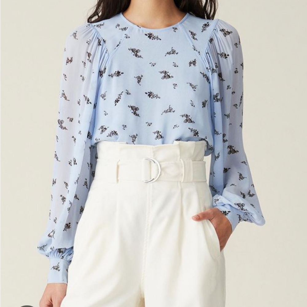 $128 Ganni Georgette Blue Floral Long Sleeve Viscose Top